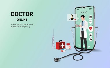 Doktor, akıllı telefon uygulamasında, erkek doktor ayakta. Çevrimiçi tıbbi klinik, çevrimiçi tıbbi danışma, tele tıp. Çevrimiçi sağlık ve tıbbi danışmanlık. Dijital sağlık konsepti. 3B vektör