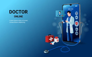 Online danışman doktor mobil uygulamada, erkek doktor ayakta. Çevrimiçi sağlık kliniği, tele tıp, çevrimiçi sağlık hizmetleri, teşhis ve tıbbi danışma, dijital sağlık konsepti. 3B vektör