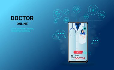 Doktor ve hasta ekranda, akıllı telefon uygulamasında çevrimiçi doktor. Çevrimiçi sağlık kliniği, tele tıp, Çevrimiçi sağlık hizmetleri ve tıbbi danışmanlık, Dijital sağlık konsepti. Vektör
