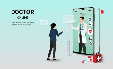 Doktor ve hasta ile birlikte akıllı telefon uygulamasında doktor. Çevrimiçi tıbbi klinik, çevrimiçi tıbbi danışma, tele tıp. Çevrimiçi sağlık ve tıbbi danışmanlık. Dijital sağlık konsepti. 3B vektör