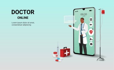 Doktorla birlikte akıllı telefon uygulamasında doktor. Çevrimiçi tıbbi danışma kliniği, tele tıp. Çevrimiçi sağlık ve tıbbi danışmanlık. Dijital sağlık konsepti. 3B vektör