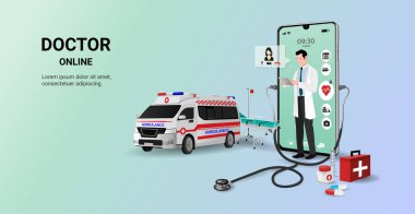 Akıllı telefon uygulamasında doktor ayakta duruyor ve ambulans arabası var. Çevrimiçi tıbbi klinik, çevrimiçi tıbbi danışma, çevrimiçi sağlık hizmetleri ve tıbbi danışmanlık. Dijital sağlık konsepti. 3B vektör