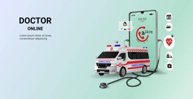 Doktor, ambulansla birlikte akıllı telefon uygulamasında. Çevrimiçi tıbbi klinik, tele tıp. Çevrimiçi sağlık ve tıbbi danışmanlık. Dijital sağlık konsepti. 3B vektör