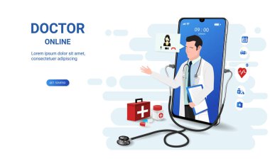 Doktor, erkek doktorla birlikte akıllı telefon uygulamasında. Çevrimiçi tıbbi klinik, çevrimiçi tıbbi danışma, tele tıp. Çevrimiçi sağlık ve tıbbi danışmanlık. Sosyal uzaklık. 3B vektör