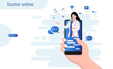 Telefon ekranından kadın doktorla mobil uygulamalı online danışma doktoru. Çevrimiçi sağlık kliniği, tele tıp, Çevrimiçi sağlık hizmetleri ve tıbbi danışmanlık, Dijital sağlık konsepti. 3B vektör