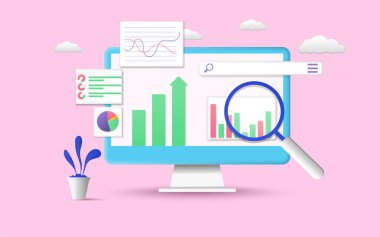 SEO optimizasyonu, Veri Analizi, Kontrol paneli ve İş Ekonomisi Raporu. İnternet analizleri, web sitesi optimizasyon pazarlaması. Pembe arkaplandaki 3d vektör illüstrasyonunda.