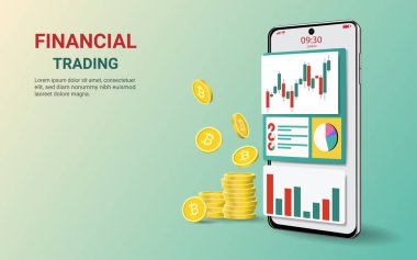 Borsa için borsa grafiğiyle akıllı telefon ekranında hisse senedi ticareti. Bitcoin şifreli para birimi. Büyüyen finansal endeks. İnternet ticareti. Finans ve yatırım uygulamaları. Vektör illüstrasyonu