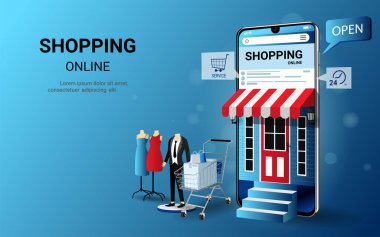 Cep telefonundan alışveriş. Dijital pazarlama ve modern pazarlama. E-ticaret. Online mağaza tanıtımı. Web sitesi, afiş ve mobil web sitesi için kullan. 3B perspektif vektör çizimi