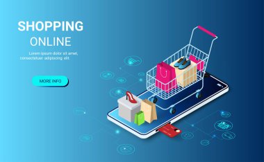 Web sitesinden ya da mobil uygulamadan alışveriş çevrimiçi. Çantalı araba cep telefonunda duruyor. Modern pazarlama ve dijital pazarlama. Web sitesi ve afiş konsepti. İzometrik vektör illüstrasyonu