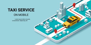 Sarı taksisi ve yol ve binaları olan mobil uygulamalı taksi hizmeti. Sipariş taksi servisi konsepti. Isometric Vektör illüstrasyonu