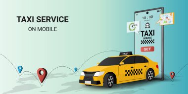 Sarı taksi ve harita üzerinde konumu olan mobil uygulama üzerinde taksi hizmeti. Taksiye bin. Sipariş taksi servisi konsepti. 3d perspektif vektör çizimi 