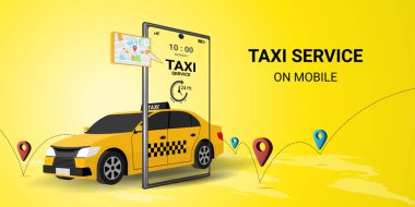 Sarı taksi ve konumu olan mobil uygulama üzerinden taksi hizmeti. Taksiye bin. Sipariş taksi servisi konsepti. Sarı arkaplanda 3d perspektif vektör çizimi