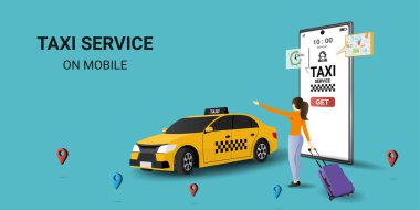 Çevrimiçi taksi çağırma, kira ve paylaşım hizmetleri için mobil uygulama. Akıllı telefon ekranının yanında, güzergahı olan ve şehir haritasında yerini gösteren bir kadın. Vektör illüstrasyonu