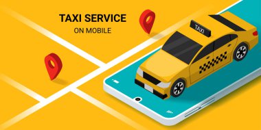 Sarı taksi ve konumu veya navigasyon şehir haritası olan akıllı telefon uygulaması üzerinden taksi hizmeti. Taksi çağır. Ulaşım teknolojisi konsepti. Isometric Vektör illüstrasyonu