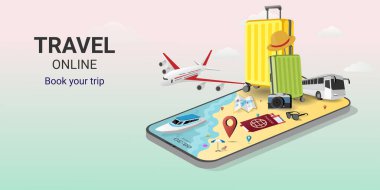 Seyahat et. Akıllı telefondan online rezervasyon hizmeti uygulaması. Çevrimiçi seyahat bileti. Mobil Uygulama. İnternet e-ticareti. Seyahat planı. seyahat ekipmanları ve bavullar. Web sitesi veya mobil uygulama kavramı. vektör illüstrasyonu