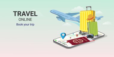 Seyahat et. Akıllı telefondan online rezervasyon hizmeti uygulaması. Çevrimiçi seyahat bileti. Mobil Uygulama. İnternet e-ticareti. Seyahat planı. seyahat ekipmanları ve bavullar. Web sitesi veya mobil uygulama kavramı. vektör illüstrasyonu