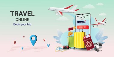 Akıllı telefondan online rezervasyon hizmeti uygulaması. Çevrimiçi seyahat bileti. Mobil Uygulama. Seyahat planı. seyahat ekipmanları ve bavullar. Web sitesi veya mobil uygulama kavramı. vektör illüstrasyonu