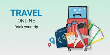 Seyahat et. Akıllı telefondan online rezervasyon hizmeti uygulaması. Çevrimiçi seyahat bileti. Seyahat planlama. Dünya 'ya seyahat. seyahat ekipmanları ve bavullar. Web sitesi veya mobil uygulama kavramı. vektör illüstrasyonu