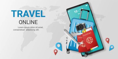 Akıllı telefondan online rezervasyon uygulaması. Çevrimiçi seyahat bileti. Seyahat planı. Dünya 'ya seyahat. seyahat ekipmanları ve bavullar. Seyahat ve turizm konsept şablonu üzerine en iyi görüş. vektör illüstrasyonu