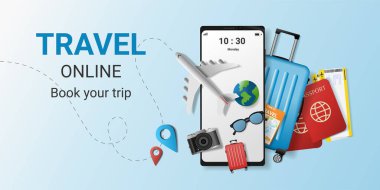 Seyahat ekipmanları ve internet e-ticareti ile akıllı telefondan online rezervasyon hizmeti uygulaması. Seyahat planı. - Evet. Turizm ve rezervasyon uygulaması konsepti. Web sitesi ya da mobil uygulama için kullan. vektör illüstrasyonu