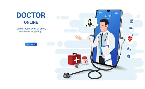Doktor, erkek doktorla birlikte akıllı telefon uygulamasında. Çevrimiçi tıbbi klinik, çevrimiçi tıbbi danışma, tele tıp. Çevrimiçi sağlık ve tıbbi danışmanlık. Sosyal uzaklık. 3B vektör