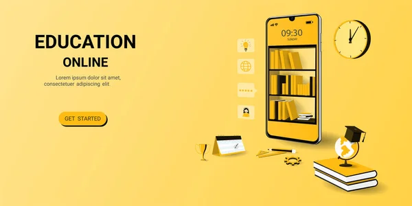 İnternet sitesinde çevrimiçi eğitim ve kitap akıllı telefon elektronik kütüphanesiyle mobil uygulama. Çevrimiçi eğitim kursları. Dijital Kütüphane. Web için konsept, grafik tasarım, İniş sayfası şablonu. vektör