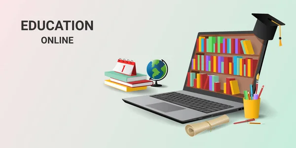 Dizüstü bilgisayar uygulamasında elektronik kitap kütüphanesi ile çevrimiçi eğitim. Çevrimiçi eğitim kursları. Dijital Kütüphane. Mezuniyet. Web için konsept, grafik tasarım, İniş sayfası şablonu. 3d vektör illüstrasyonu