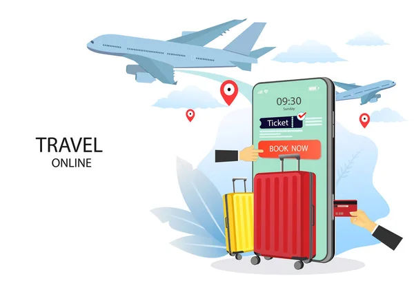Akıllı telefondan online rezervasyon hizmeti uygulaması. Çevrimiçi seyahat bileti. Mobil Uygulama. İnternet e-ticareti. Seyahat planı. Web sitesi veya mobil uygulama kavramı. vektör illüstrasyonu