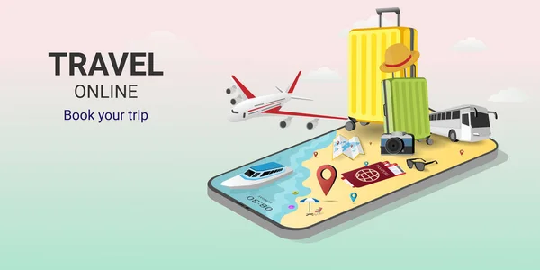Seyahat et. Akıllı telefondan online rezervasyon hizmeti uygulaması. Çevrimiçi seyahat bileti. Mobil Uygulama. İnternet e-ticareti. Seyahat planı. seyahat ekipmanları ve bavullar. Web sitesi veya mobil uygulama kavramı. vektör illüstrasyonu