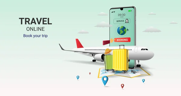 Akıllı telefondan online rezervasyon hizmeti uygulaması. İnternet e-ticareti. Seyahat planı. Seyahat ekipmanları ve bavullar. Turizm ve rezervasyon uygulaması konsepti. Web sitesi ya da mobil uygulama için kullan. vektör illüstrasyonu