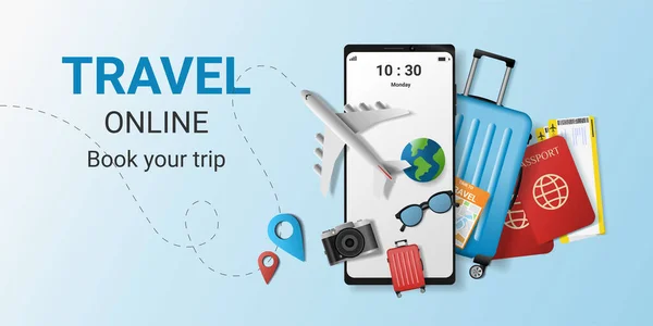 Aplicación Servicio Reserva Línea Viajes Teléfono Inteligente Con Equipos Viaje — Archivo Imágenes Vectoriales