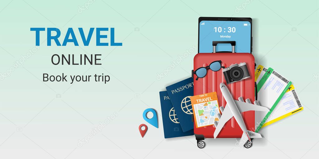 Travel. Online booking service app on the smartphone . Travel online ticket. Trip planning.Travel to World. travel equipment and luggage. Concept for website or mobile app. vector illustration