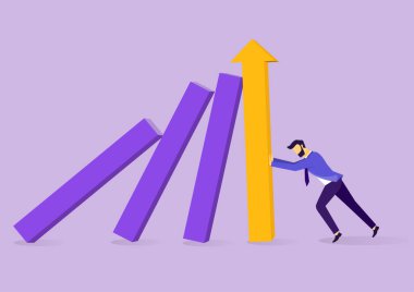 İş adamı, iş hayatı için bar grafiğini zorluyor ve ekonomik çöküş yaşıyor. Domino etkisi. Kriz sembolü, risk. Ticari başarısızlık, yönetim, liderlik ve kararlılık kavramı. Düz vektör illüstrasyonu