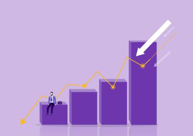 İflas etmiş bir işadamı grafik sütununda oturuyor ve elinde bir ok var. İş başarısızlığı. Durgunluk. Finansal başarısızlık. Ekonomik gerileme. Web sitesi ve afiş için web sayfası tasarımı kavramı. Vektör illüstrasyonu