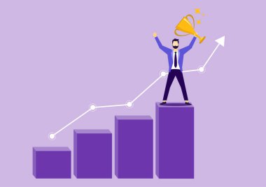 Başarılı bir iş adamı podyumda bir kupa tutuyor. İş düellosu İş ilerlemesi. İş başarısı ve ilerleme. İş konsepti. Düz vektör illüstrasyonu