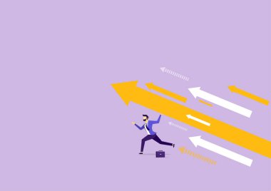 İşadamı oku ileri atıyor. İş başarısı ve ilerleme. İş büyümesi ve başarı. İş büyütme konsepti. Düz vektör illüstrasyonu