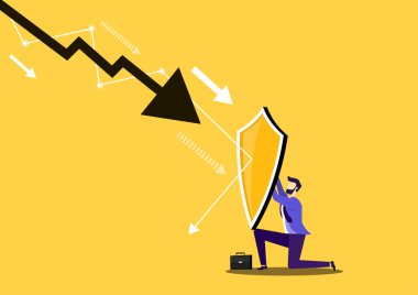 Bir iş adamı okun kalkanla inmesinden korunuyor. Düşen stoklarla savaşan bir iş adamı. Sigortacılık. Finansal güvenlik. Web sitesi ve pankart tasarımı kavramı. Vektör illüstrasyonu