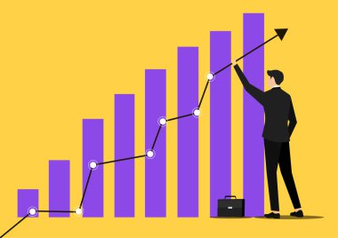 İşadamı grafik sütununda oku destekle. İş yönünü değiştiriyorum. İş büyümesi ve başarı. Planlama konsepti, iş stratejisi, amaç edinme ve başarı. Vektör illüstrasyonu
