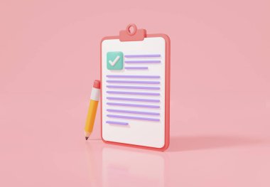 Gökyüzü mavi arkaplanındaki seçim işaretlerini kontrol eden beyaz panonun kontrol listesi ve kalem çizim işaretleriyle 3d resimlendirilmesi. Planlama ve iş organizasyonu. not defteri, proje planı