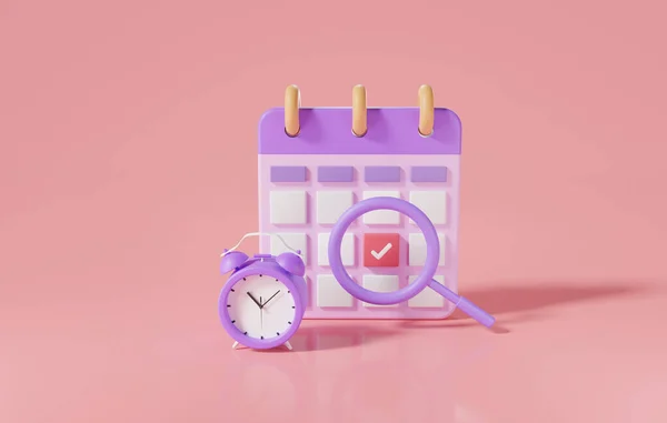 Calendar icon with alarm clock and Magnifying glass. Concept about Schedule, appointment, important date concept .work planning, project management. 3d Rendering illustration. minimal style