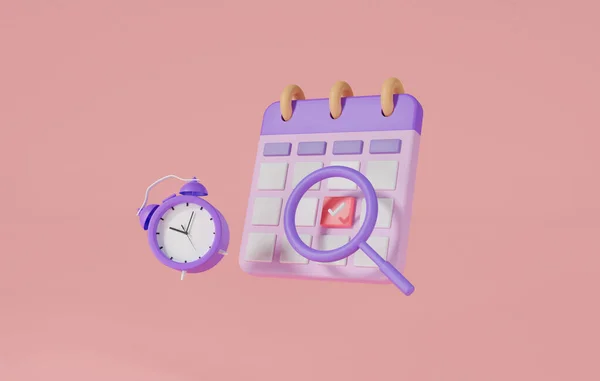 Rendering Illustration Calendar Assignment Clock Icon Magnifying Glass Concept Schedule — ストック写真