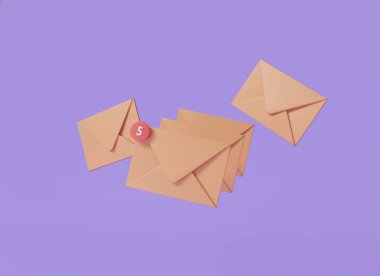 Kırmızı işaret mesajı olan beş zarf simgesi. E- posta bildirimi, çevrimiçi iletiyi, okunmamış iletiyi, posta simgesini, iş haberleri ve davetiyeleri, ofis belgesi veya iletisini okuyun. 3d resimleme