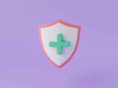 Haçlı sağlık kalkanı. Tıbbi koruma kalkanı sigortası. Güvenlik rozeti çeliği. Mahremiyet metal pankartı. Bağışıklık sistemi kalkanı. Sağlık hizmeti konsepti. 3d resim oluşturma simgesi