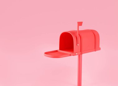 Pembe arka planda 3 boyutlu kırmızı posta kutusu var. Posta servisi, postane, gönderilmiş posta mesajı, çevrimiçi mesaj oku, posta simgesi, bülten. 3D çizim, asgari çizgi film tarzı. Boşluğu kopyala