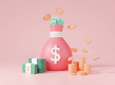 Para biriktirme kavramı. Para çantası ikonu, madeni para yığını ve Pembe arka planda Bundles nakit. Yatırım, işlem, banknotlar, büyüme parası, iş finansmanı. Minimum çizgi film. 3d resimleme