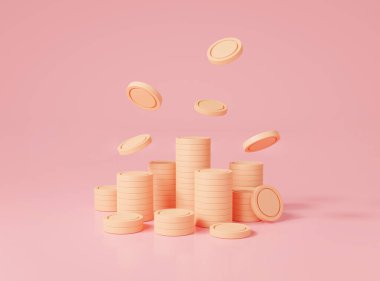 Bozuk para simgesi. Pembe arka planda altın sikkeler, finans sektörü kârı ve altın para yığını. Dolar yığını, yatırım, nakit, kâr. Para biriktirme konsepti. 3 boyutlu resimleme. asgari stlye