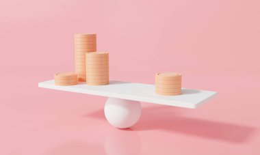 Pembe arkaplandaki terazide para yığını var. 3 boyutlu canlandırma. Finansal iş yatırımları, finansal analizler, para tasarrufu. Para değişimi konsepti. en küçük biçim