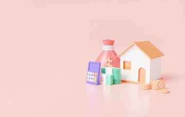 Bozuk paralı ev, çanta parası, banknot ve hesap makinesi. Emlak Yatırım Konsepti. Emlak yatırımları, gayrimenkul kredisi.