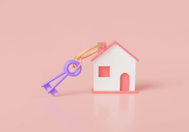 Ev 'in 3 boyutlu tasviri anahtarla gösteriliyor. Emlak konsepti için iş kredileri. Yeni ev, ipotek, yatırım, konut finans ekonomisi, emlak yatırımı, tasarruf, iş sermayesi