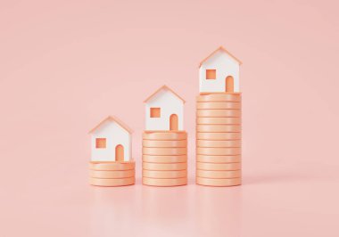 Bozuk para yığını ve pembe renkli arka planda ev. Emlak konsepti için iş kredileri. konut ekonomisi. Ev kredisi, emlak yatırımı. Para biriktiriyorum. 3B resimleme